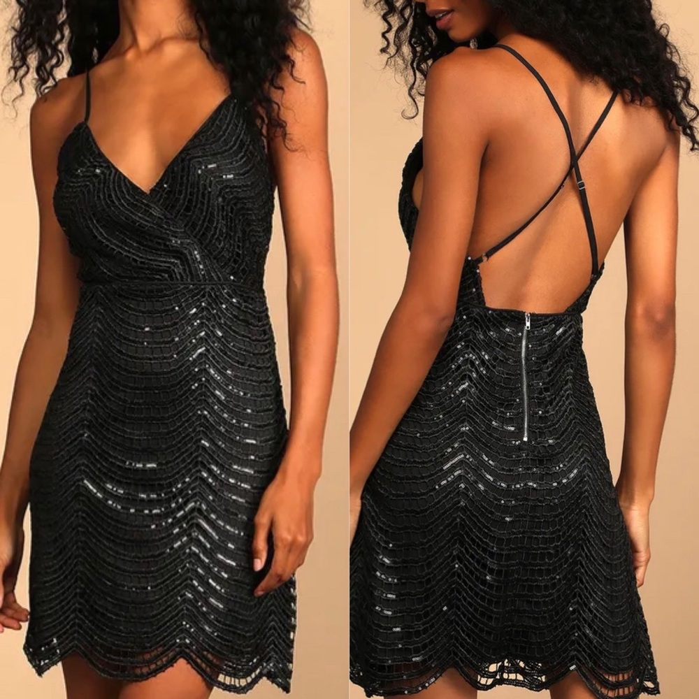 Lulu’s Lele Black Sequin Mini Dress Sz XL NWT